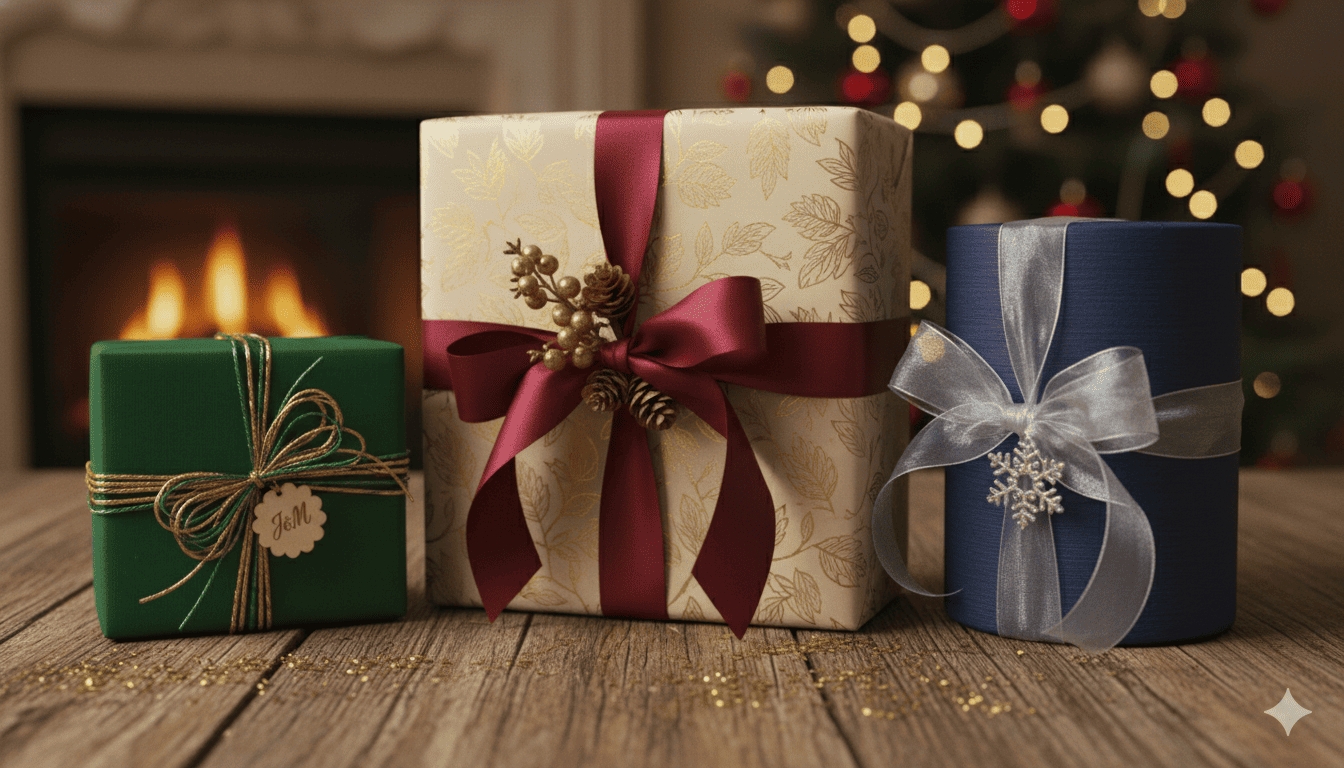 Professionally wrapped gifts with ribbons and decorative elements
